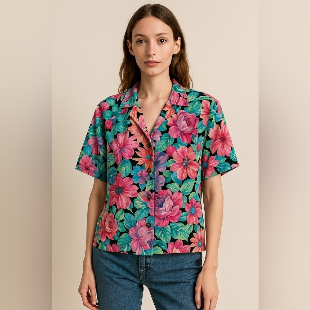 Vintage Fitting Image Blouse Floral Short Sleeve Button Down Rainbow S M L‌